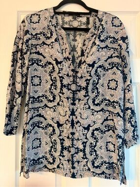 Theory silk lightweight paisley tunic top size S navy blue